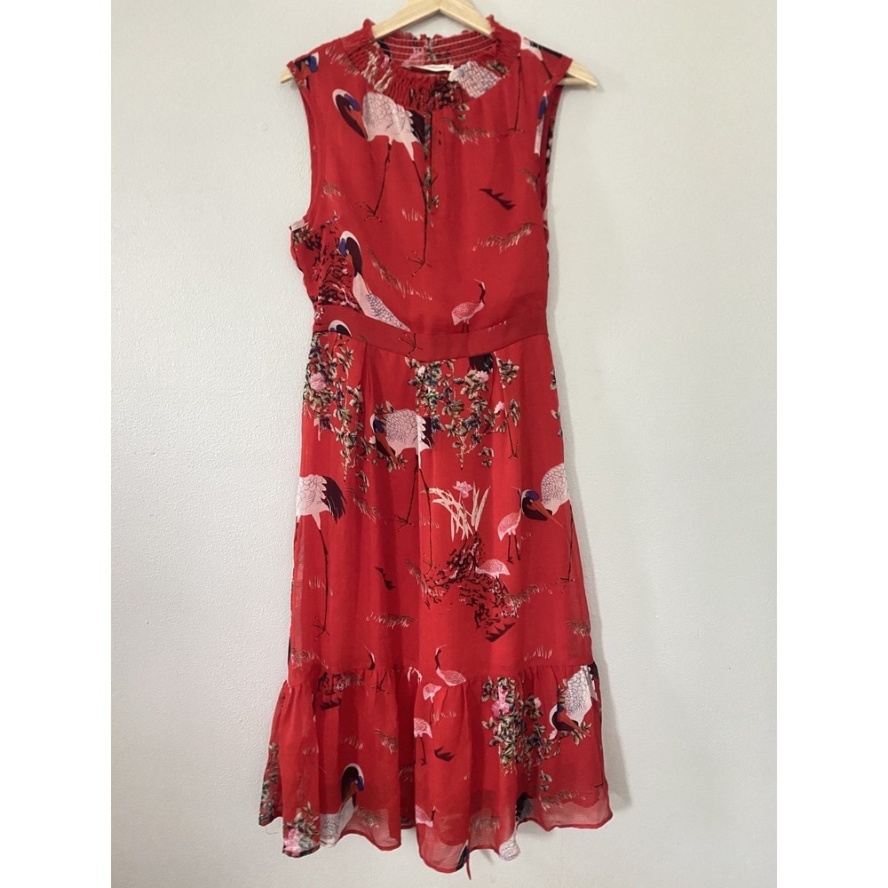 Sofie Schnoor Bird Crane Print Midi Dress Tie Waist‎ Sleeveless Sz S Chiffon